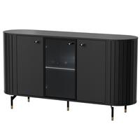 KOMMODE Zalia mit LED-Beleuchtung, 3 Türen, Glastür und Stauraum, 150 cm, im Retro-Stil, Schwarz - Schwarz, Holzwerkstoff (150/81/40cm) - Beautysofa