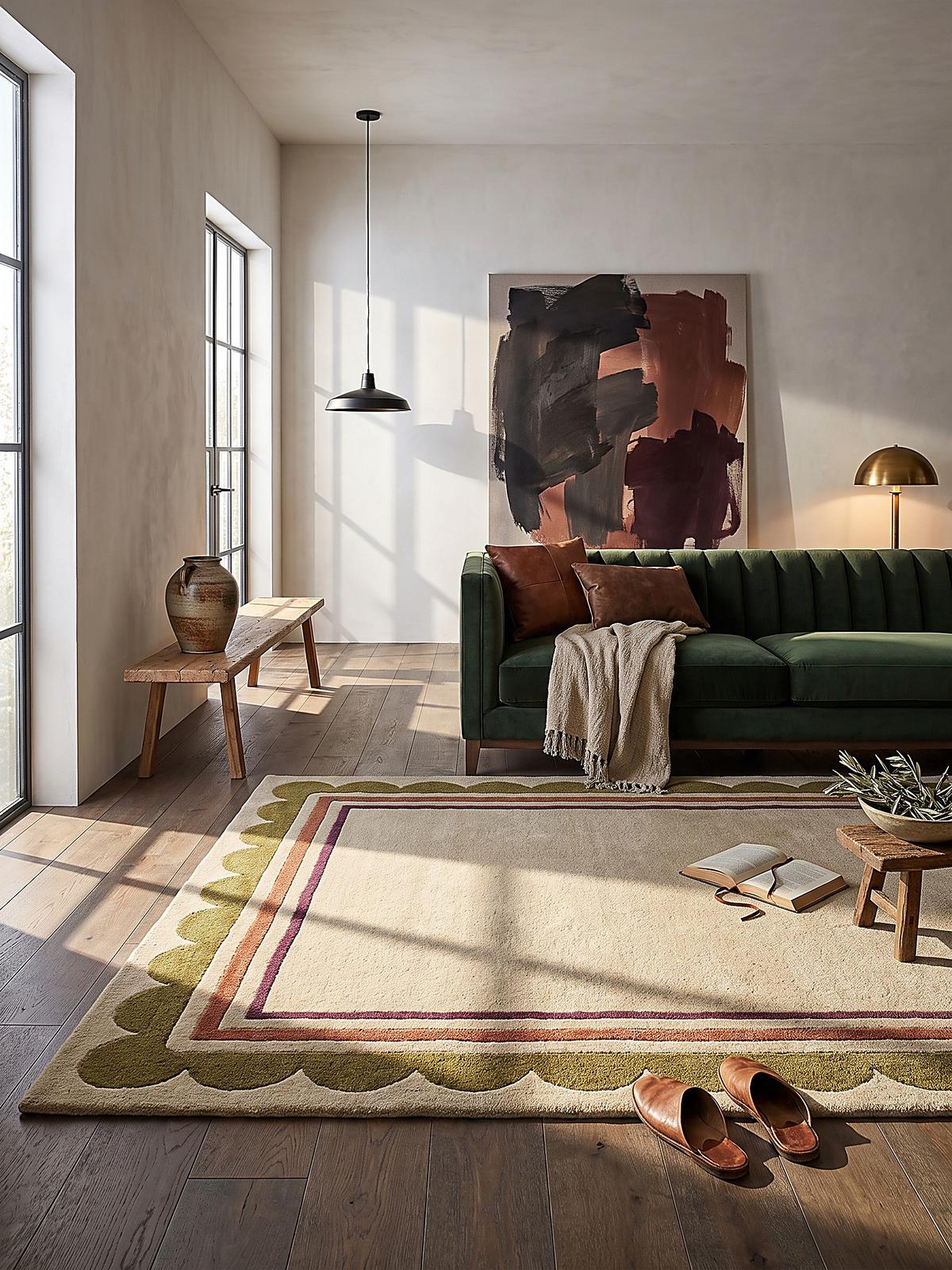 TEPPICH aus Wolle, handgetuftet, WENSUM, in Beige-Multicolor, Scallop-Bordüre, 120 x 170 cm - Beige, Textil (120/170cm) - KADIMA DESIGN