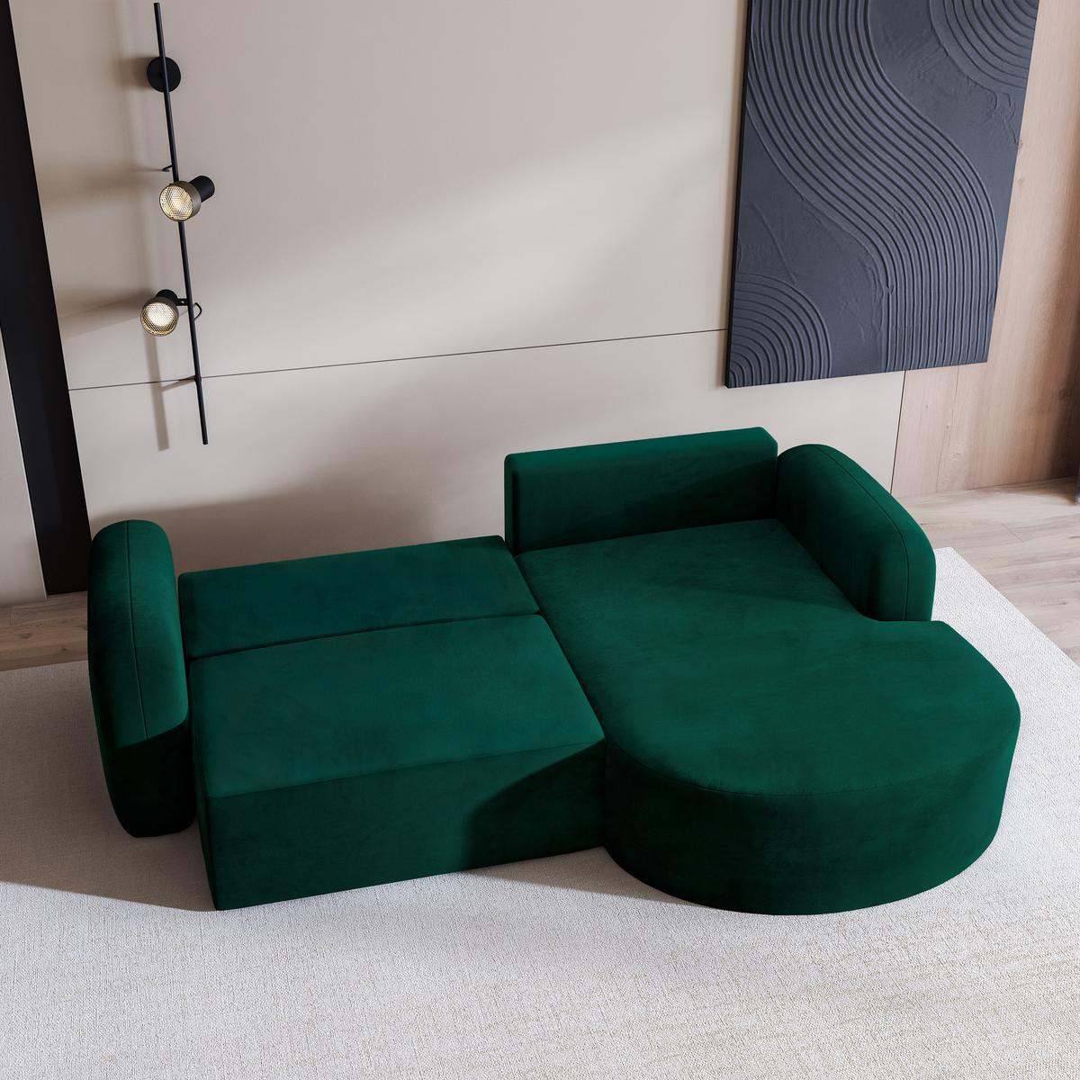 ECKSOFA AMILIA M R-S Grün Velours-Stoff mit Schlaffunktion - Grün, Holz (263/174cm) - MASSENO