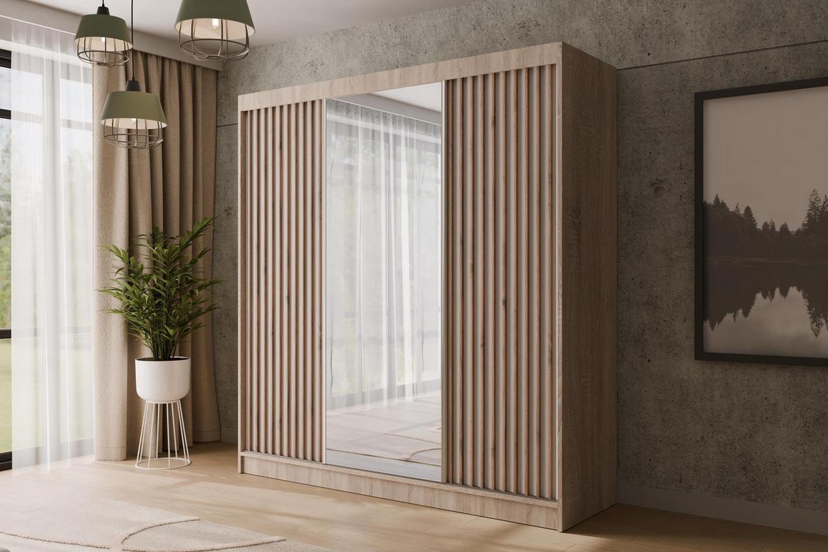 KLEIDERSCHRANK mit Spiegel V2-ZENTI 215x200 cm Sonoma Eiche|Weiß - Weiß/Sonoma Eiche, Holzwerkstoff (200/215/61cm) - ALTDECOR