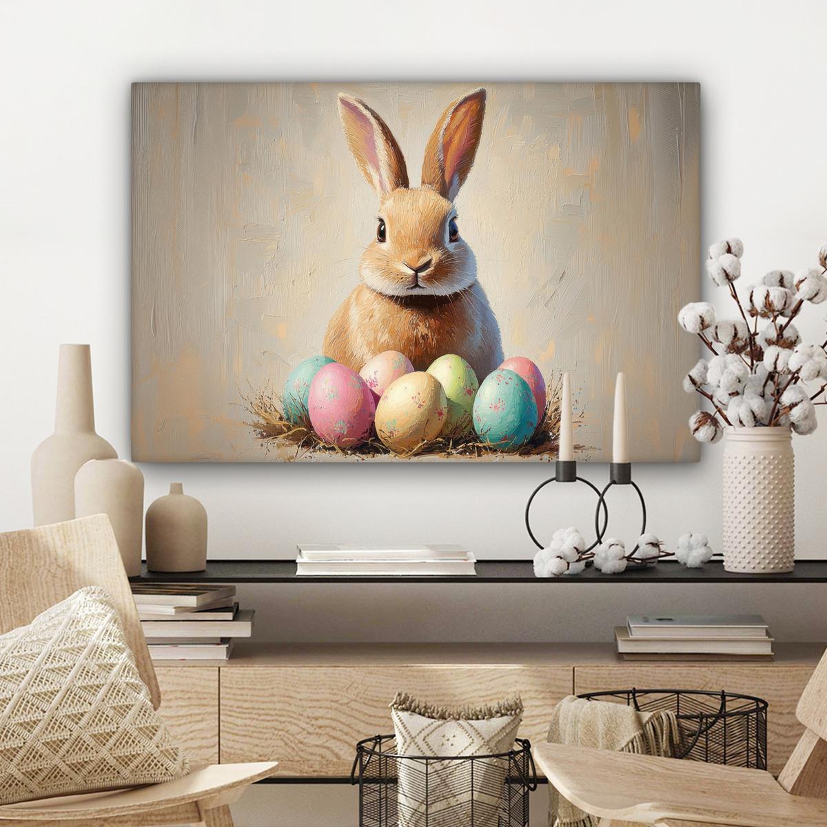 LEINWANDBILD Osterhase - Pastell - Eier Wanddeko 90x60 cm - Beige, Textil (90/60cm) - MuchoWow