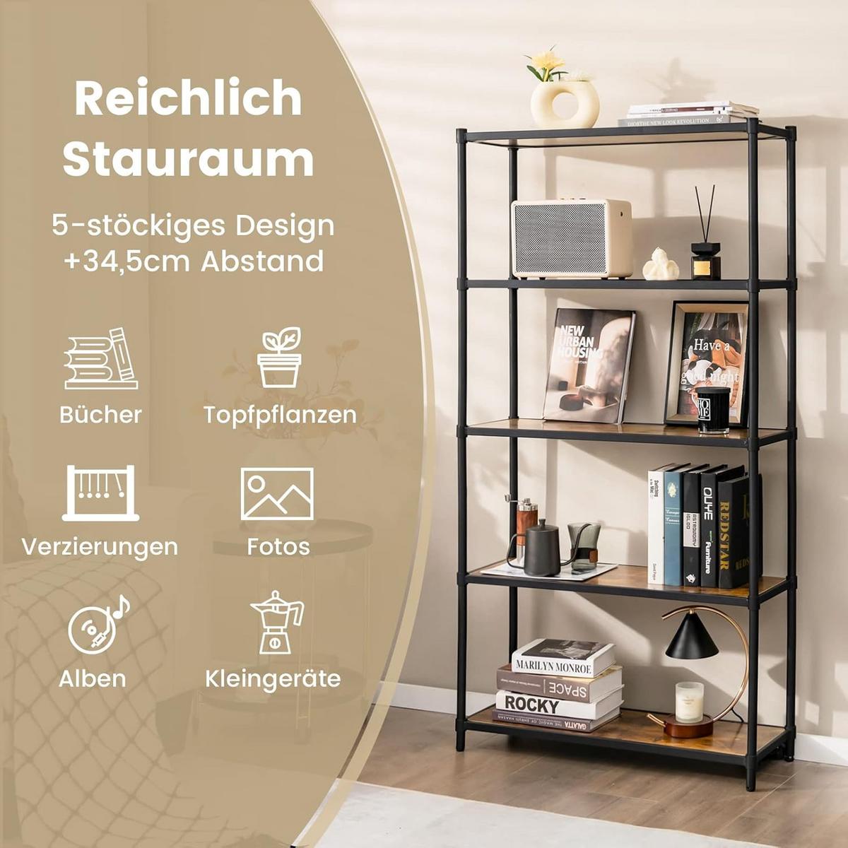 LAGERREGAL mit Flexibler Montage Braun - Braun, Holz (80/154/29cm) - COSTWAY