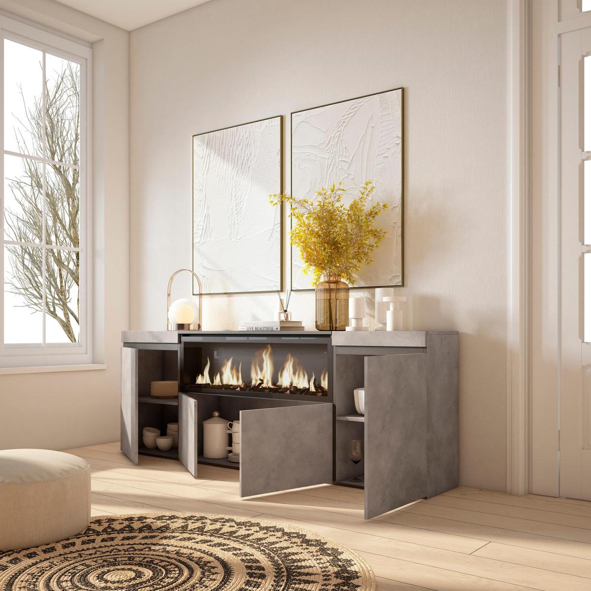 SIDEBOARD, Elektrokamin XXL, zementgrau, 208/35/75cm - Multicolor/Schwarz, Holzwerkstoff (208/75/35cm) - Skraut Home