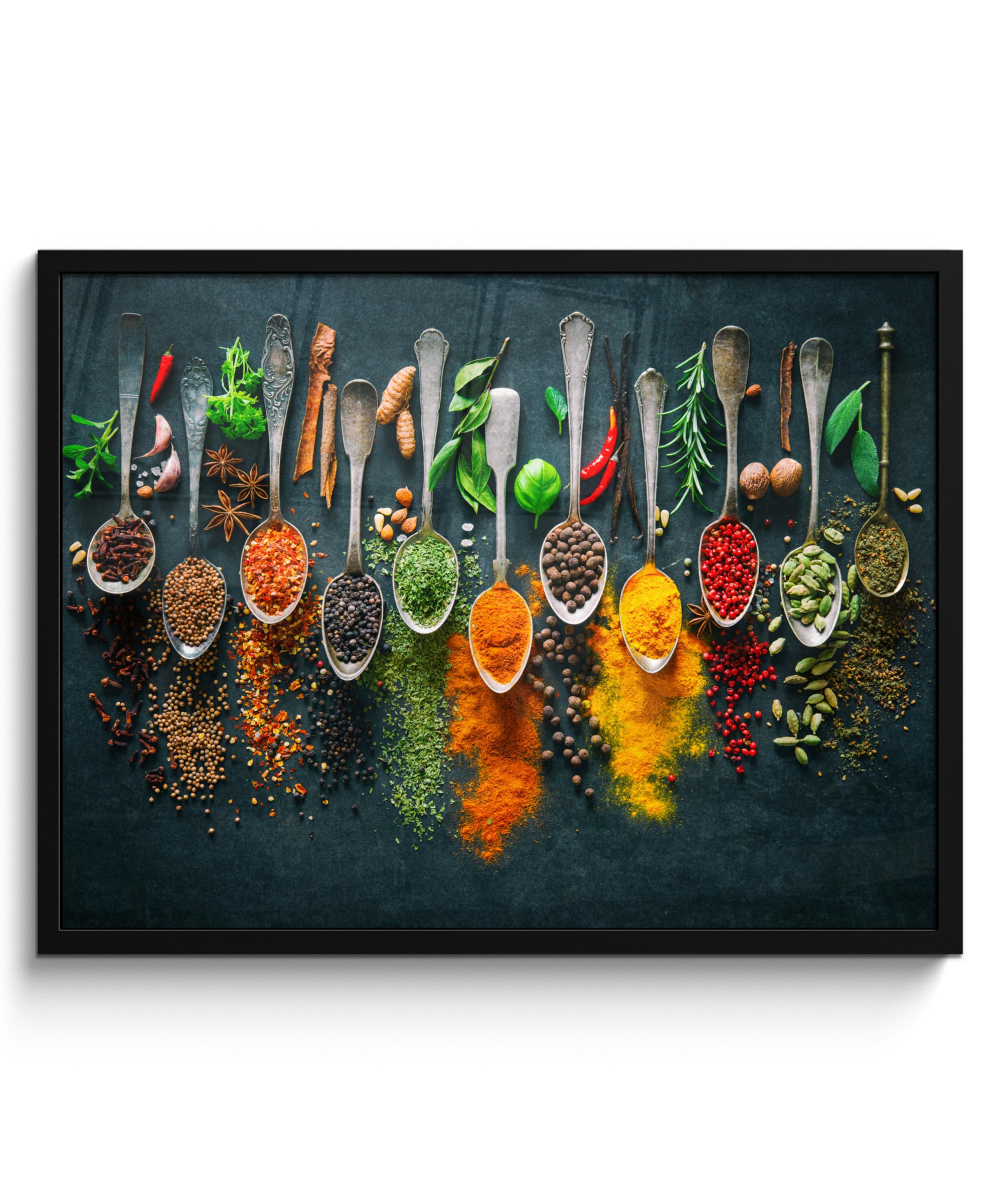 POSTER MIT RAHMENGERAHMTES BILD Kräuter - Gewürze - Löffel 80x60 cm - Currygelb, Papier (80/60cm) - MuchoWow