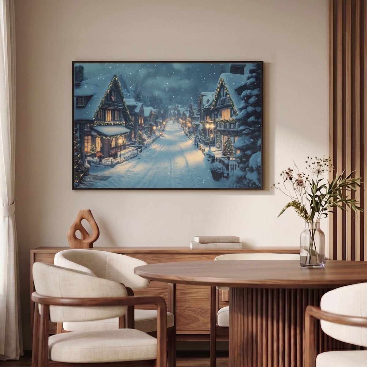 LEINWAND Bilder mit Rahmen - Weihnachtsdorf - Weihnachten - Schnee - Winter - 90x60 - Dunkelblau, Textil (90/60cm) - MuchoWow