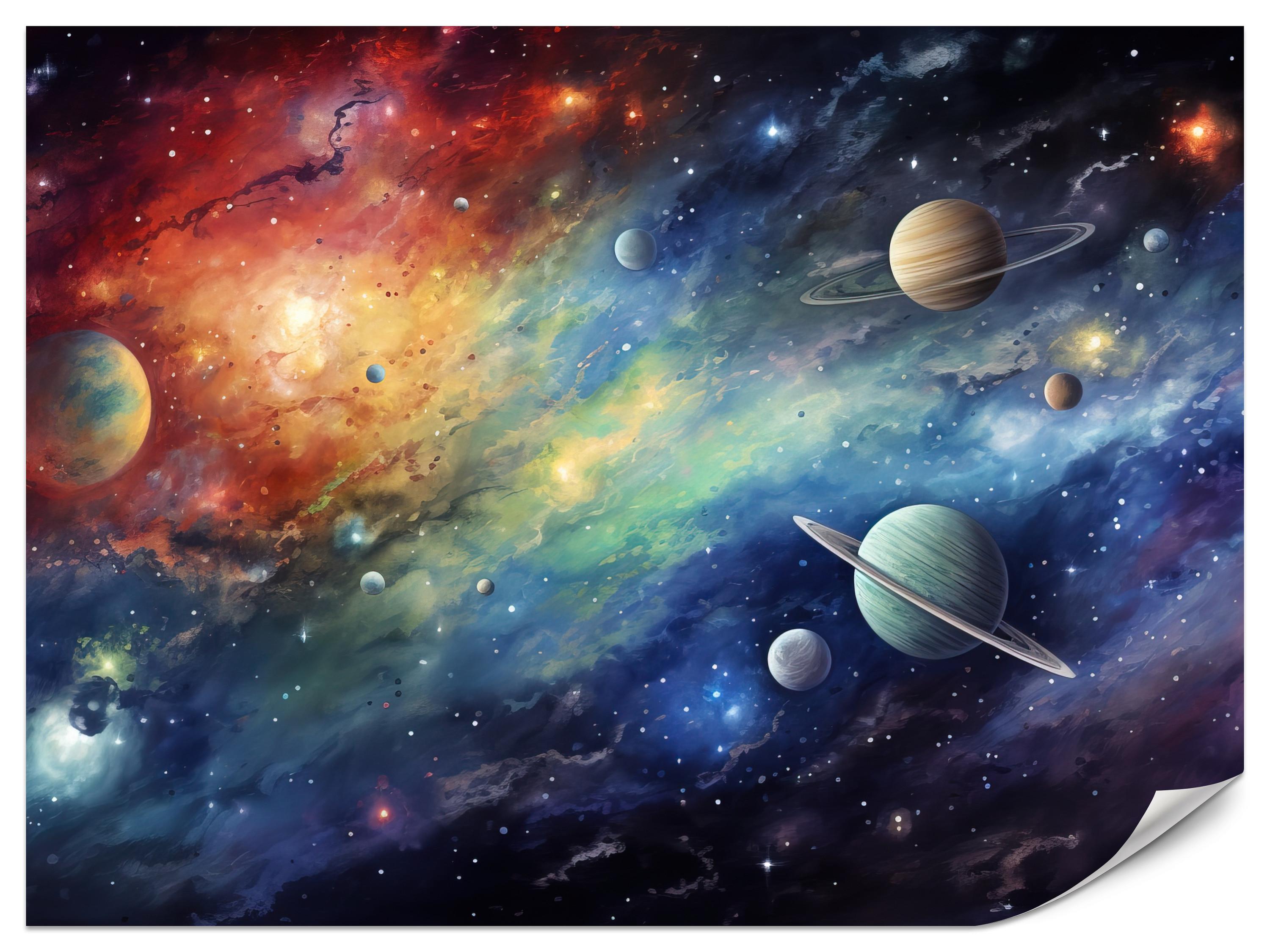 FOTOTAPETE für Jugendzimmer Aquarell Galaxie Planeten Sterne 350x256 - Blau/Gelb, Papier (350/256cm) - Muralo