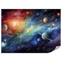 FOTOTAPETE für Jugendzimmer Aquarell Galaxie Planeten Sterne 350x256 - Blau/Gelb, Papier (350/256cm) - Muralo