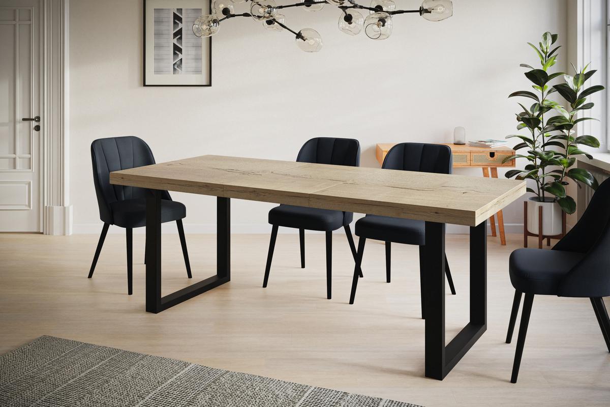 INDUSTRIELLER Esszimmertisch LOFT-U, ausziehbarer Tisch, Größe: 180-280X90X77 cm, Wohnzimmertisch Farbe: HALIFAX, mit Metallbeinen in Farbe Schwarz - Schwarz/Naturfarben, Holzwerkstoff (180/90/77cm) - Alpi-Möbel