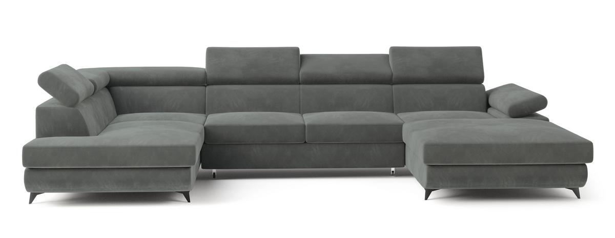 WOHNLANDSCHAFT RUBANO L-S Grau Velours-Stoff mit Schlaffunktion - Grau, Holz (339/89/190cm) - MASSENO