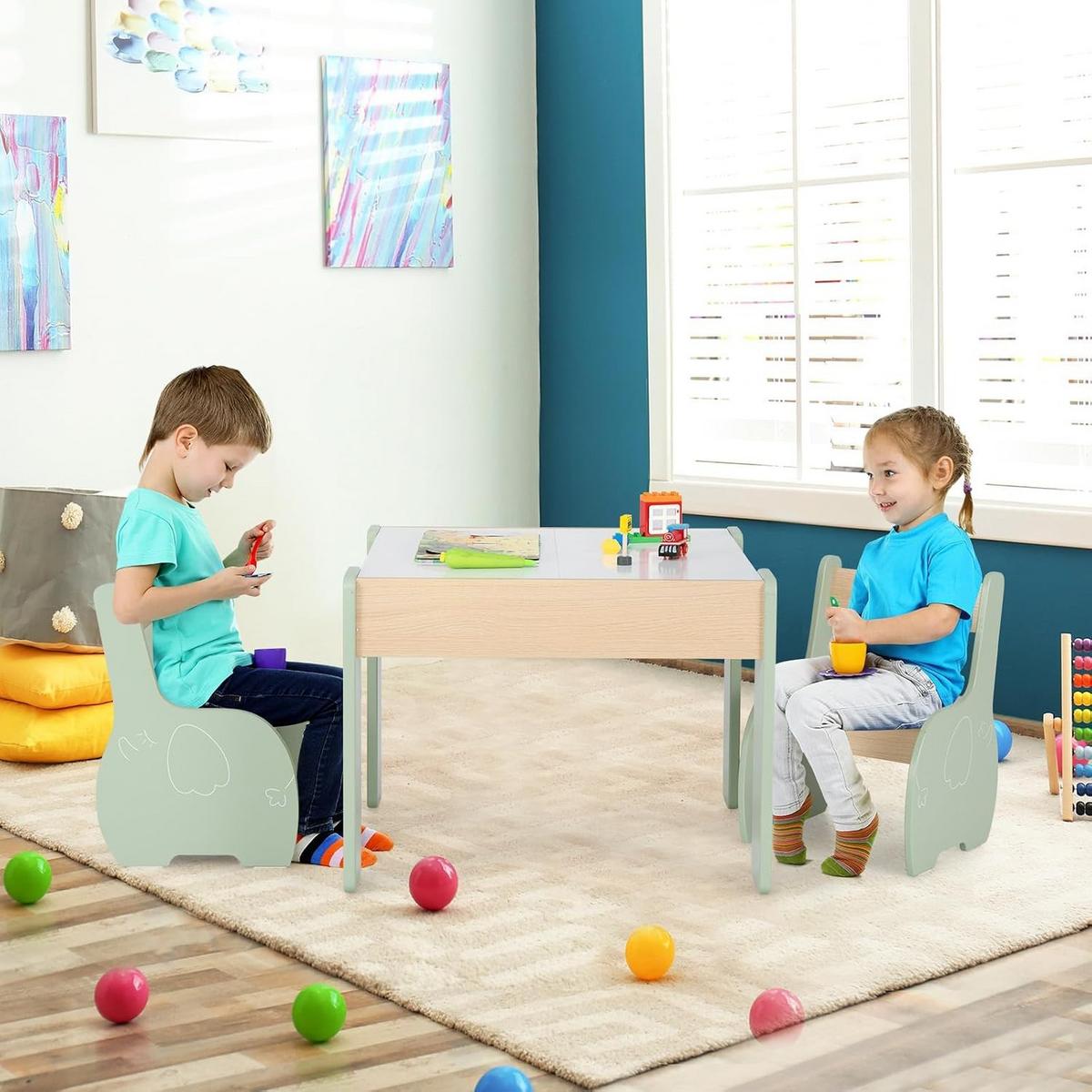 KINDERTISCH mit Stuhl grün(3-tlg) - Grün, Holzwerkstoff (63.5/48/61.5cm) - COSTWAY