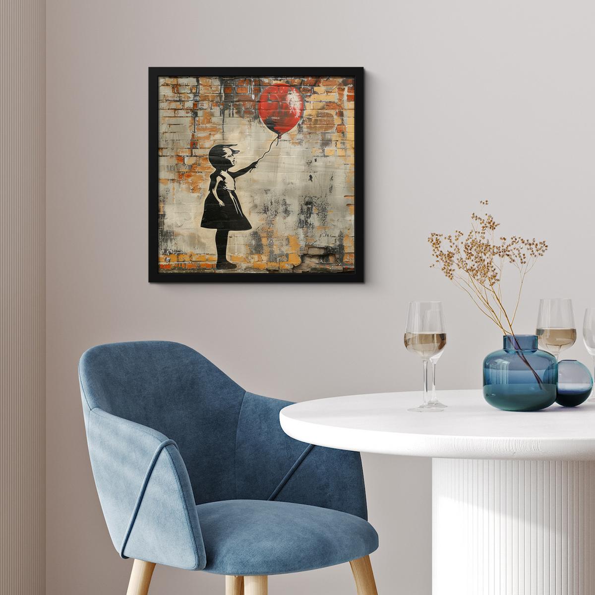 POSTER MIT RAHMENGERAHMTES BILD Graffiti - Banksy - Mädchen - Straßenkunst 40x40 cm - Sandfarben, Papier (40/40cm) - MuchoWow