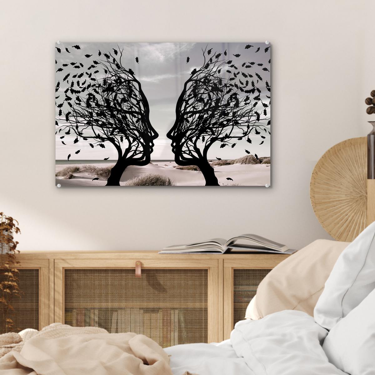 ACRYLGLASBILD Strand - Meer - Menschen - Baum - Moderne Kunst Wanddeko 60x40 cm - Hellgrau, Glas (60/40cm) - MuchoWow