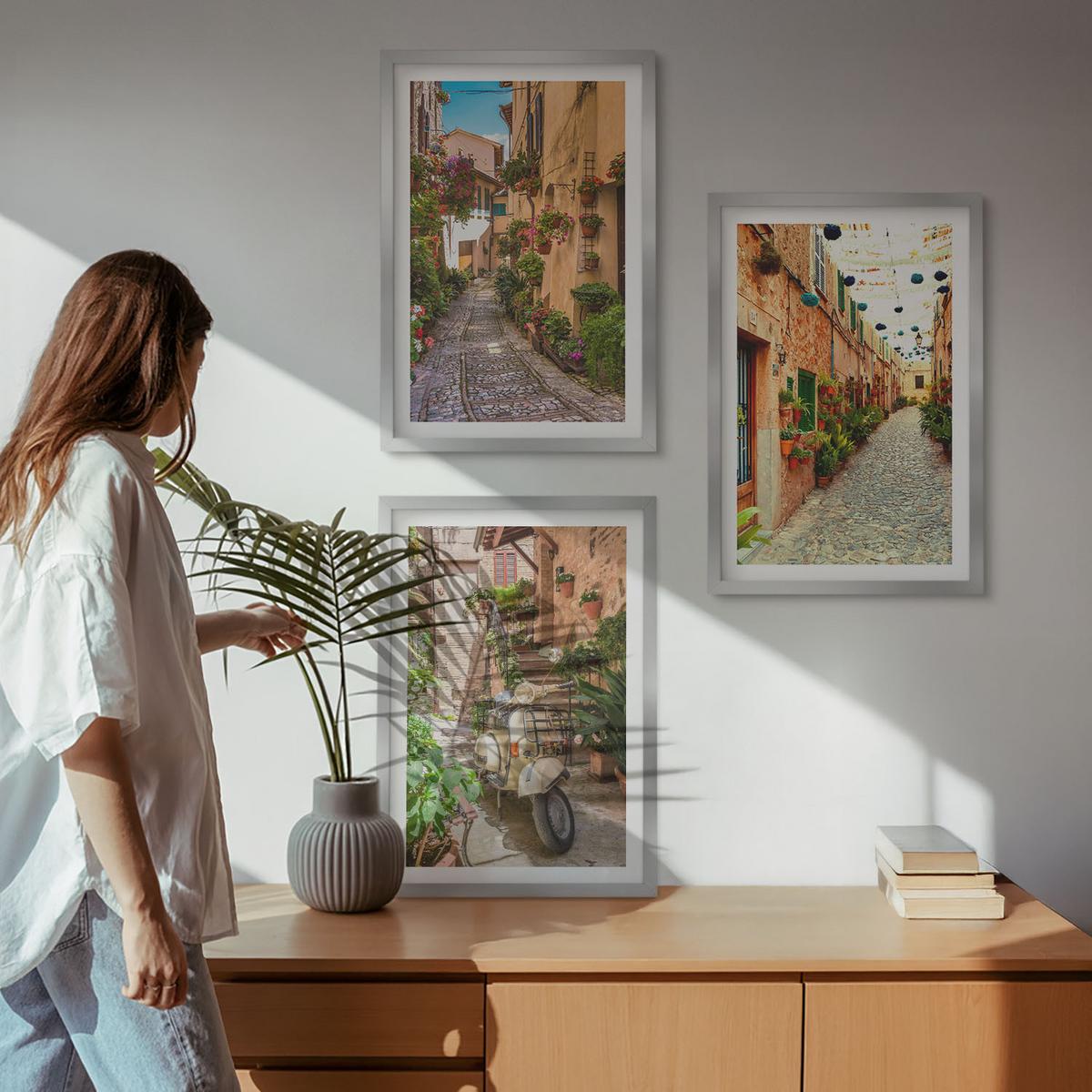 BILDER SET 3er Set - 40x60 cm Silberner Rahmen - Straßen, Blumen, italienisches Flair - Silberfarben, Kunststoff (40/60cm) - TULUP