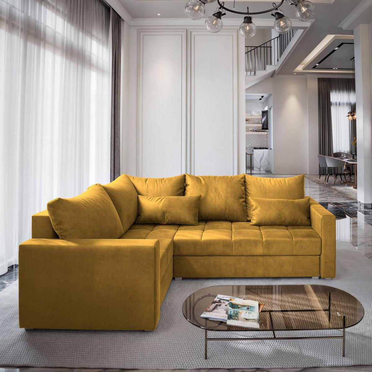 ECKSOFA LIRENO R-S Gelb Plüsch-Stoff mit Schlaffunktion - Gelb/Grau, Holz/Kunststoff (220/153cm) - MASSENO