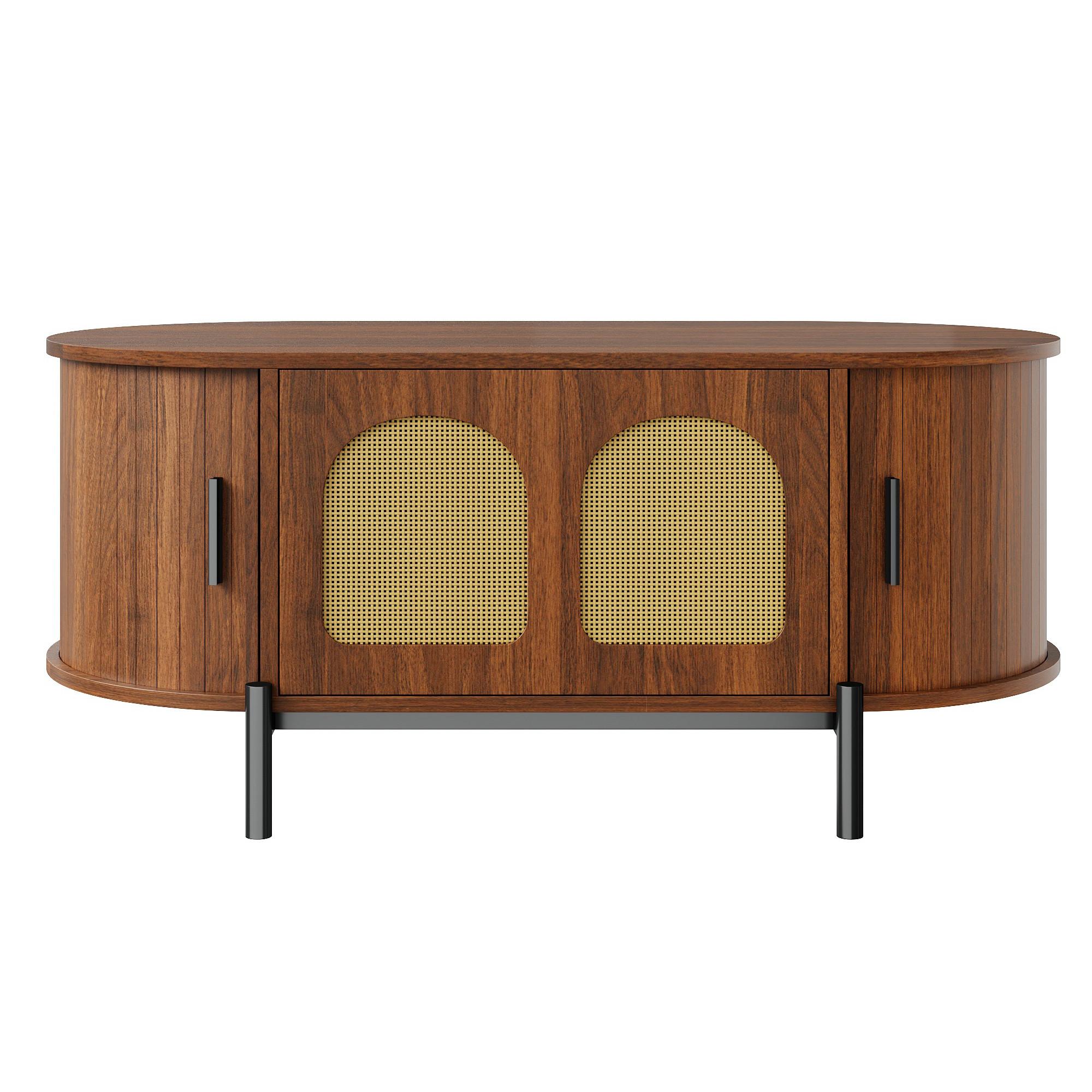 COUCHTISCH in holzoptik mit rattan, ovale form und schiebetüren - Walnussfarben, Holzwerkstoff (50/100/40cm) - Urban Meuble