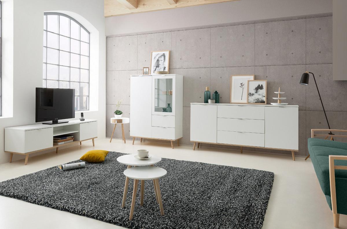KOMMODE weiß matt, Eiche Sonoma massiv 120 cm, Sideboard 3-türig - Chromfarben/Eichefarben, Holz/Holzwerkstoff (120/85/40cm) - Furn.Design