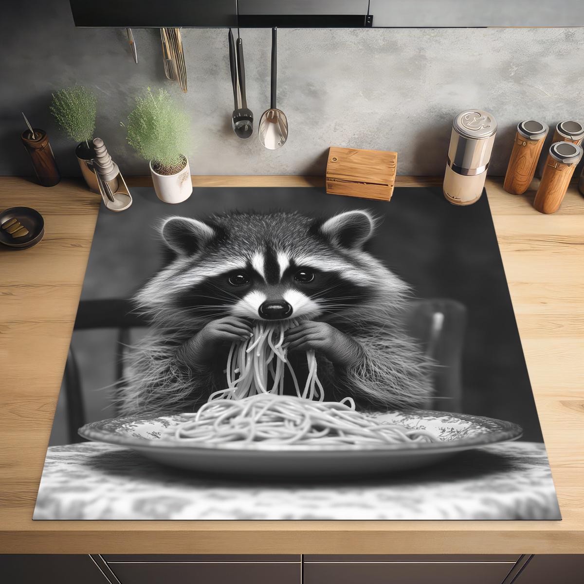 HERDABDECKPLATTE Waschbär - Niedlich - Pasta - Tischtuch - Schwarz - Weiß Induktionsmatte 78x78 cm - Grau, Kunststoff (78/78/0.2cm) - MuchoWow
