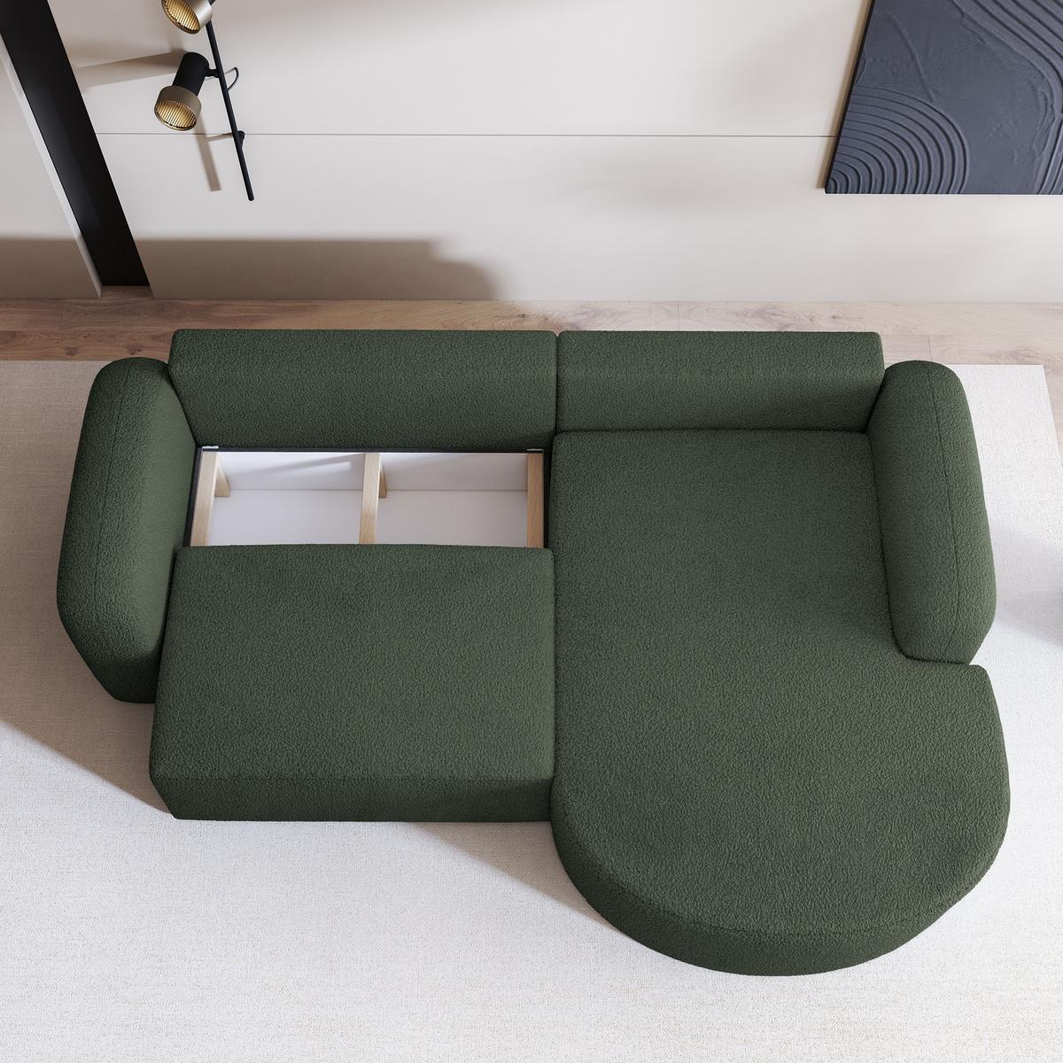 ECKSOFA AMILIA R-S Grün Boucle-Stoff mit Schlaffunktion - Grün, Holz (263/174cm) - MASSENO