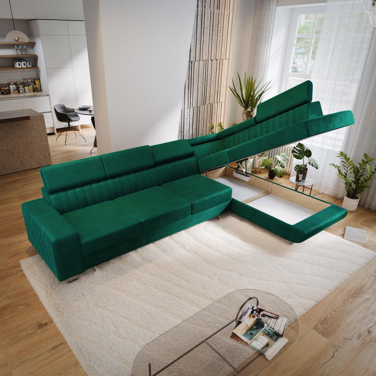 ECKSOFA HESTION Grün Velours-Stoff mit Schlaffunktion - Grün, Holz (332/190cm) - MASSENO
