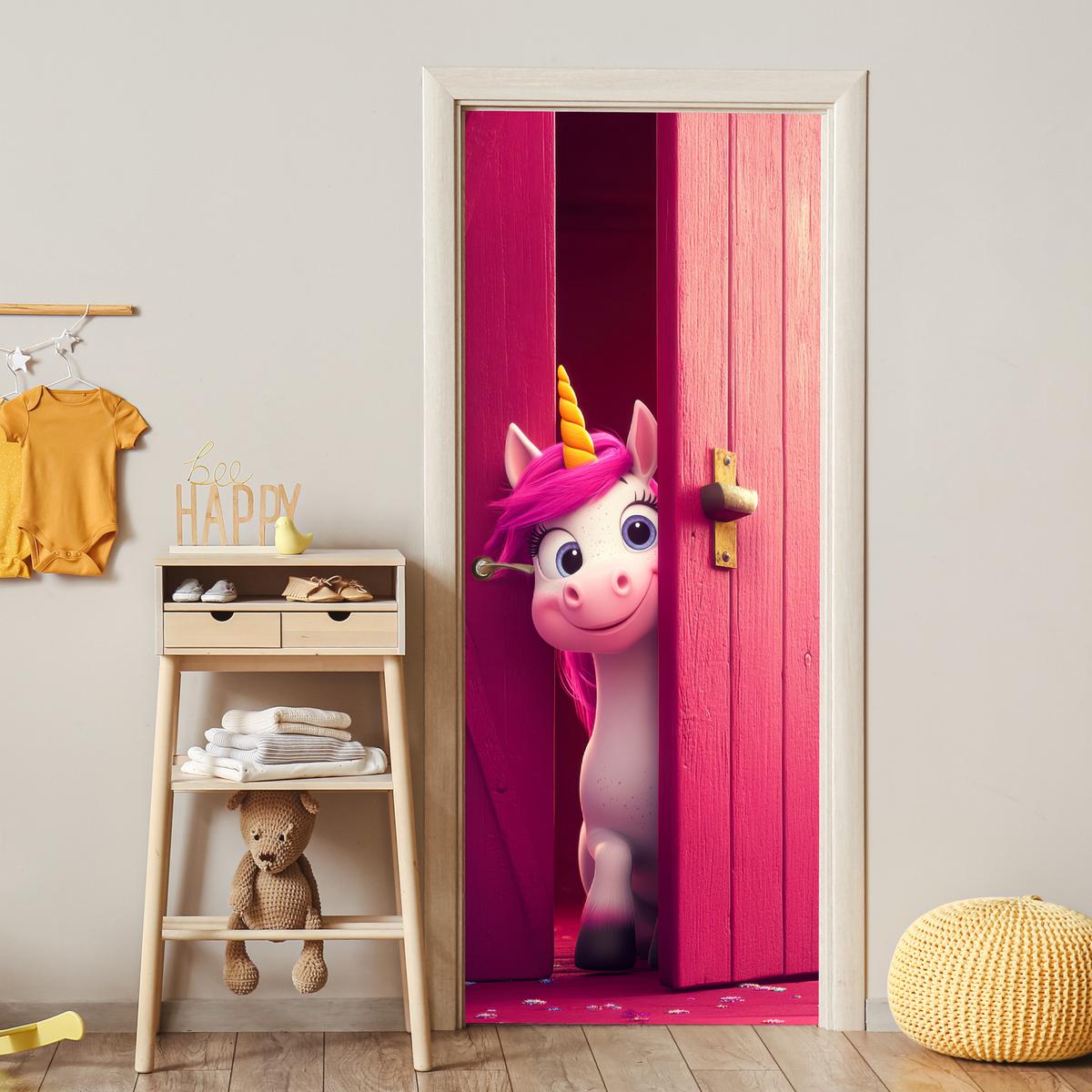 TÜRAUFKLEBER Einhorn - Rosa - Tür - Fantasie 80x215 cm - Türtapete - Pink, Kunststoff (80/0.1cm) - MuchoWow