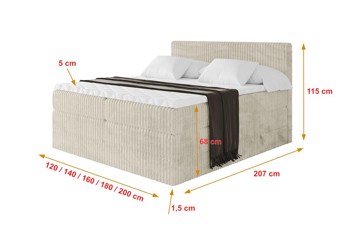 BOXSPRINGBETT mit Matratze H3|H4 und Lattenrost - TOLO KING 140x200 Cord - Creme - Champagner, Holzwerkstoff (140/200cm) - ALTDECOR