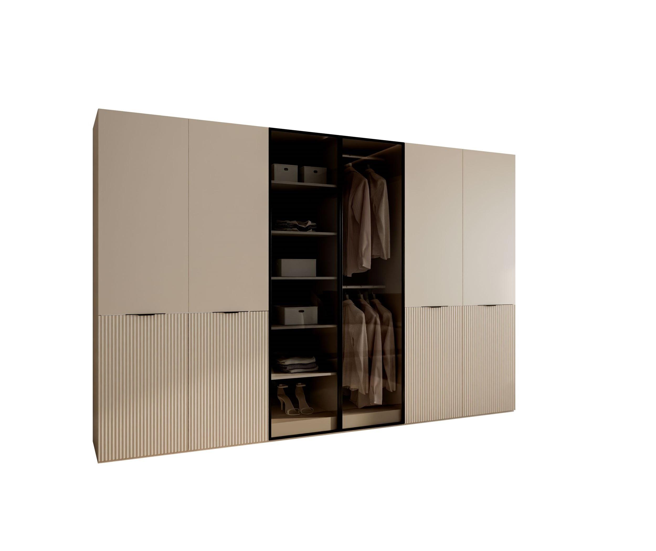KLEIDERSCHRANK SANDBOX KASHMIR 300 303/49/200 cm Kaschmir / Kaschmir + schwarzes Glas ohne LED 12 Zusatzböden - Kaschmir/Schwarz, Holzwerkstoff/Kunststoff (303/200/49cm) - Lookway