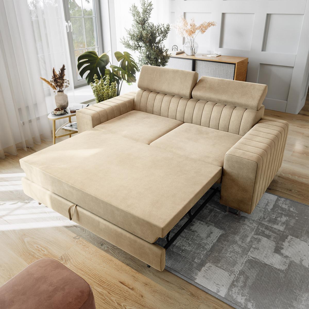 BETTSOFA SOLAN Creme Velours-Stoff mit Schlaffunktion - Creme, Holz/Textil (194/88/90cm) - MASSENO