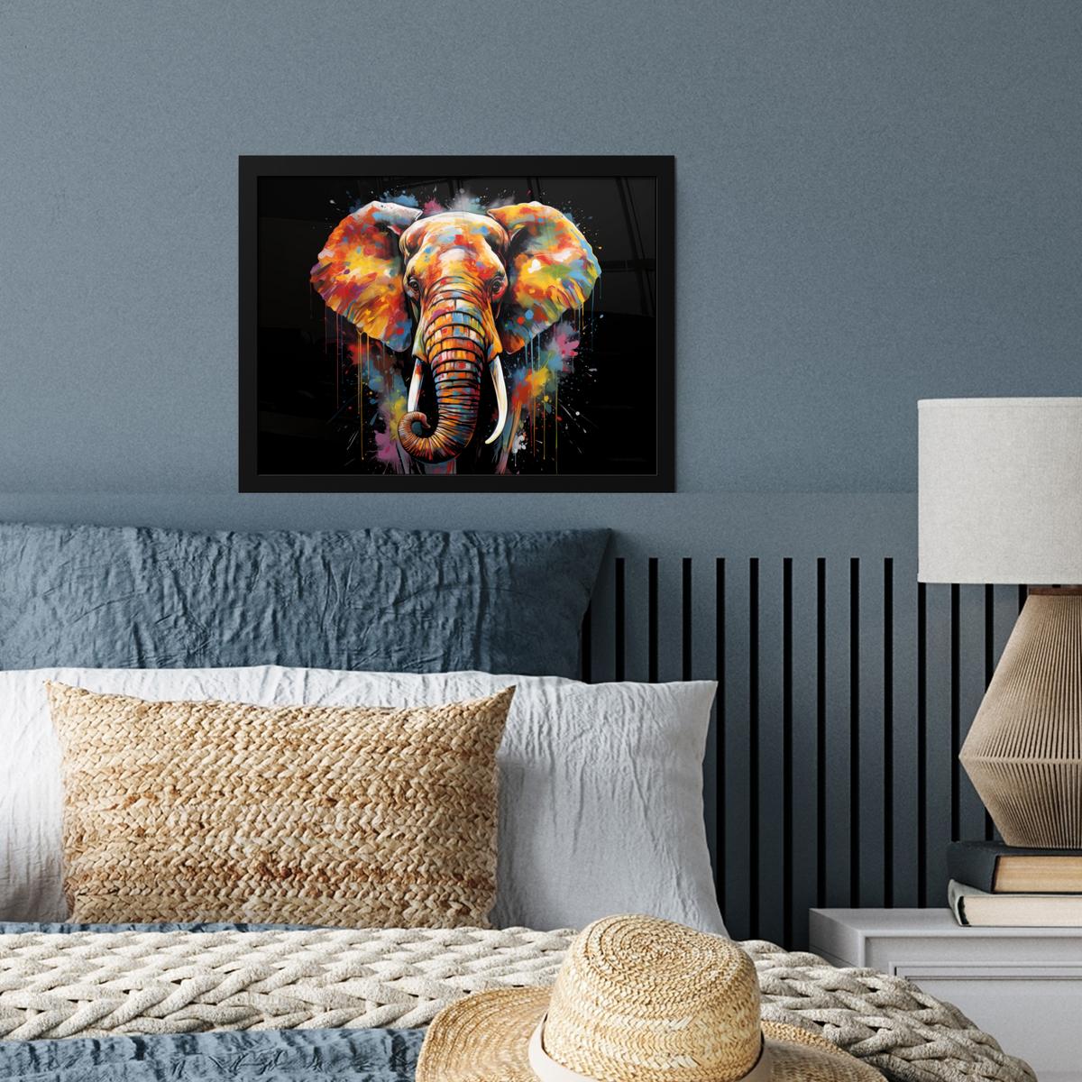 POSTER MIT RAHMENGERAHMTES BILD Elefant - Graffiti - Schwarz - Tiere - Farben 40x30 cm - Schwarz, Papier (40/30cm) - MuchoWow