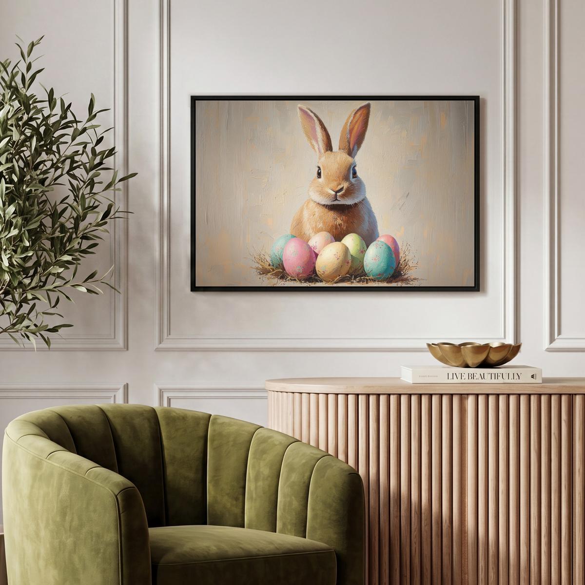 LEINWAND Bilder mit Rahmen - Osterhase - Pastell - Eier - 60x40 - Beige, Textil (60/40cm) - MuchoWow