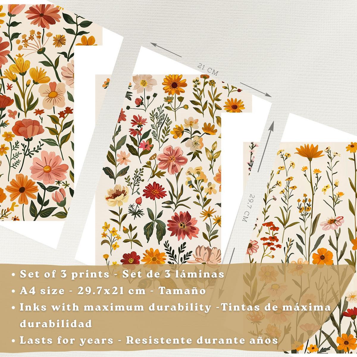 POSTER 3er-Set Wandbilder Wildblumen modern Wohnzimmer Deko, Schlafzimmer, Küche, Badezimmer Leichter Holzrahmen A4 - Beige, Papier (29.7/1/21cm) - Nacnic