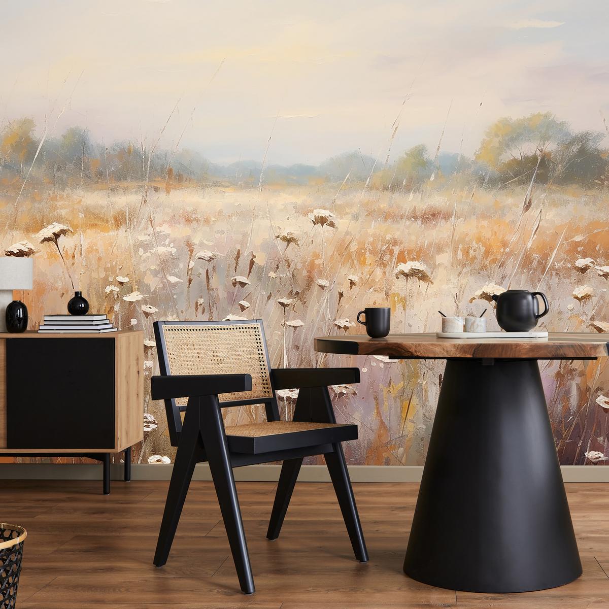 FOTOTAPETE für Esszimmer Wiese Pflanzen Retro Stil 300x210 - Gelb/Beige, Papier (300/210cm) - Muralo