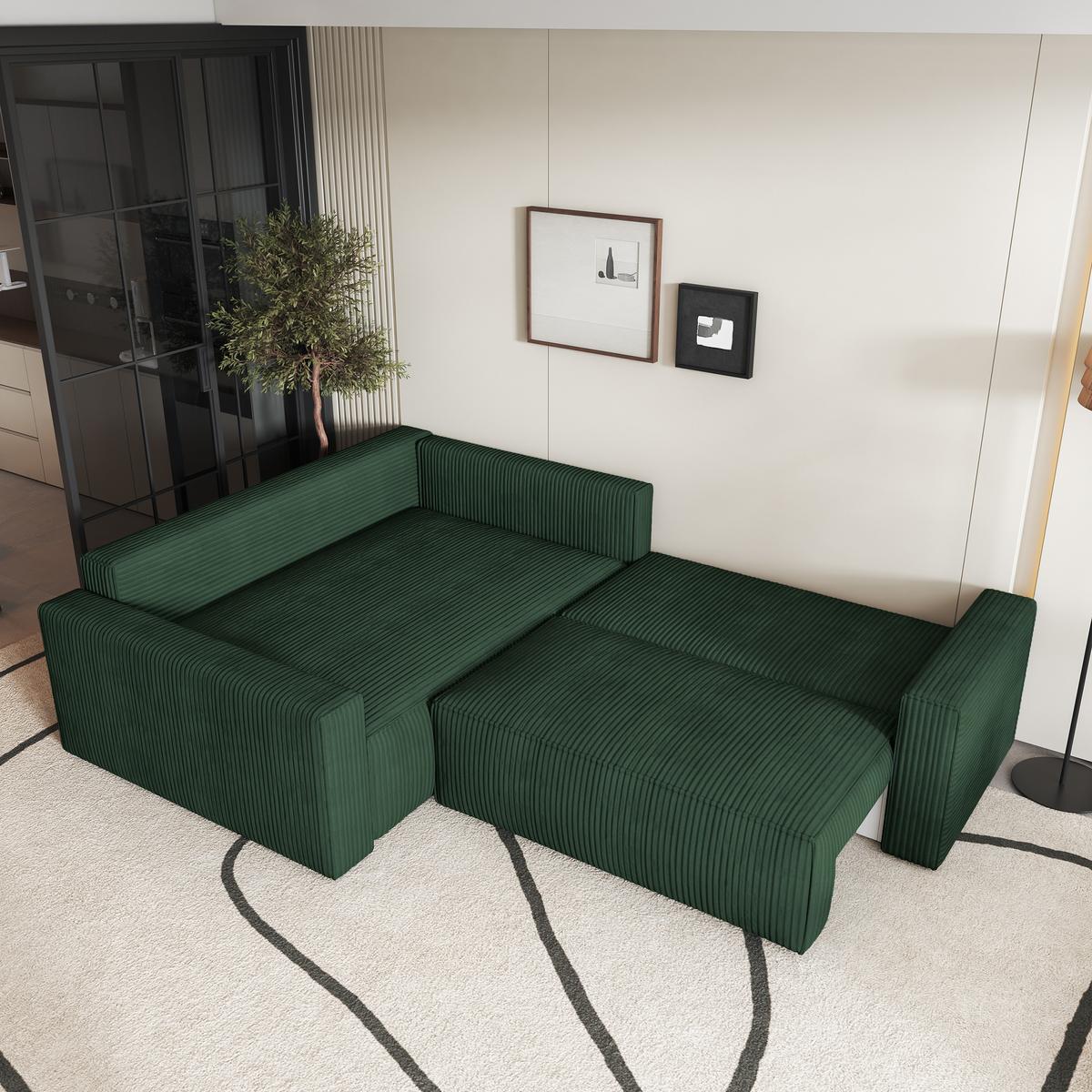 ECKSOFA ERONIS L-S Grün Kordstoff mit Schlaffunktion - Grün, Holz (265/194cm) - MASSENO