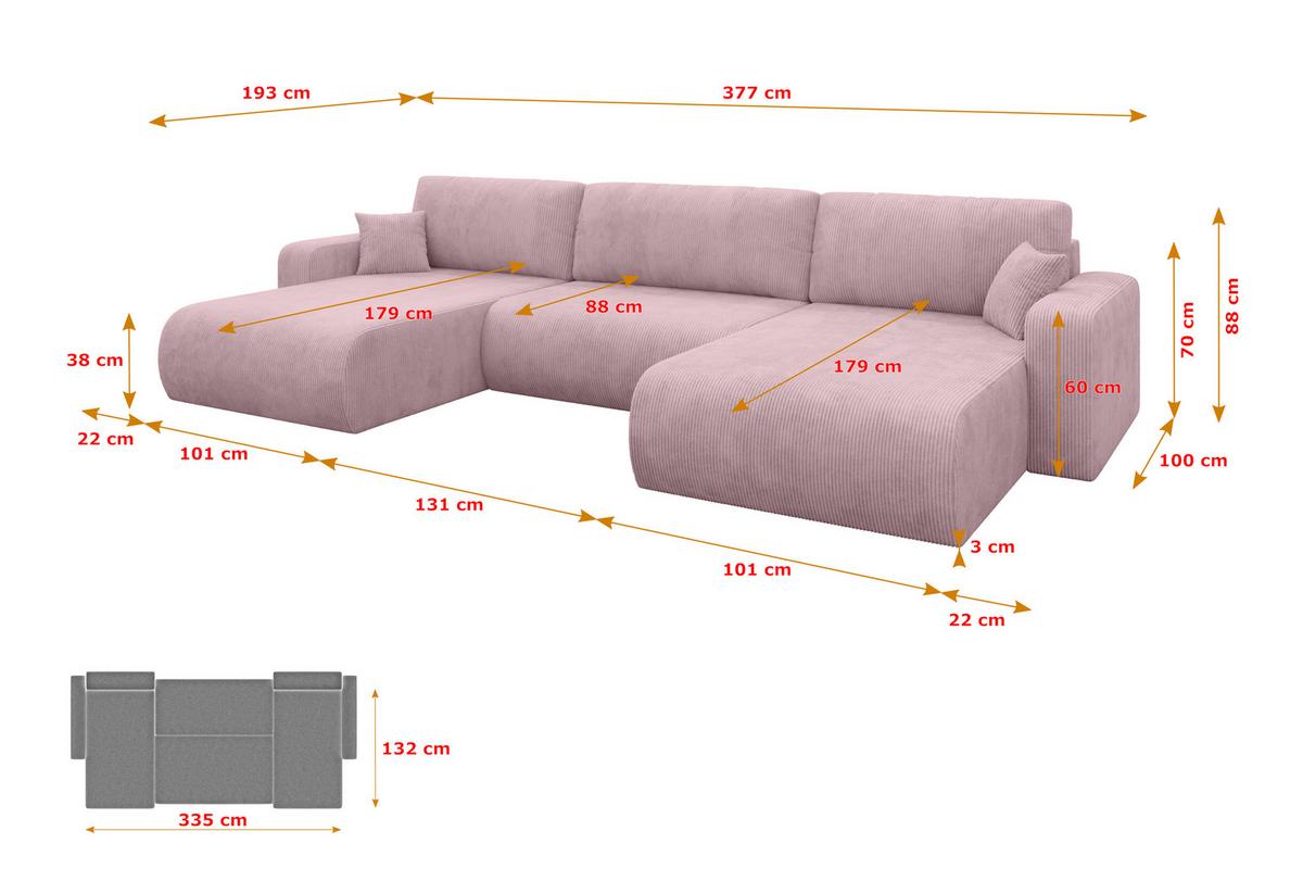 WOHNLANDSCHAFT mit Schlaffunktion und Bettkasten BERY-U 377x193x88 Rosa Cord - Schwarz/Rosa, Holzwerkstoff/Kunststoff (377/88/193cm) - ALTDECOR
