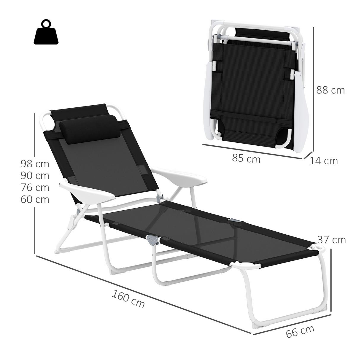 SONNENLIEGE mit Kissen Schwarz - Schwarz/Weiß, Textil/Metall (66/98/160cm) - Outsunny