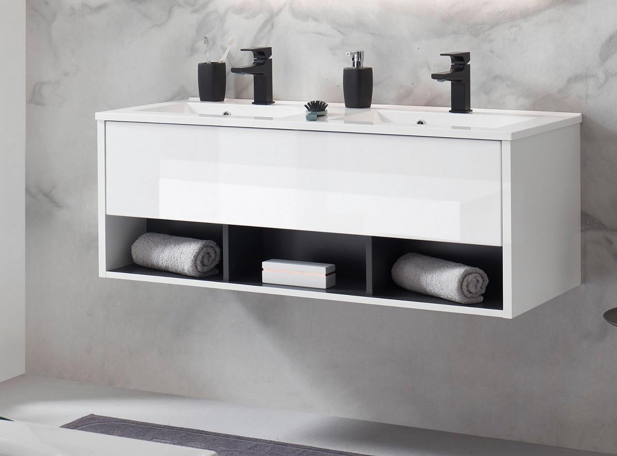 WASCHBECKENUNTERSCHRANK mit Doppelwaschbecken weiß Hochglanz, grau 120 cm - Weiß Hochglanz/Grau, Holzwerkstoff/Metall (120/44/47cm) - Furn.Design