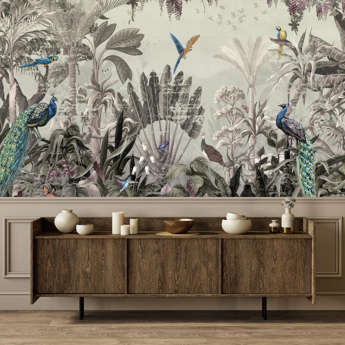 FOTOTAPETE für Wohnzimmer Vintage Tropenwald Palmen Papageien 350x256 - Beige/Grün, Papier (350/256cm) - Muralo