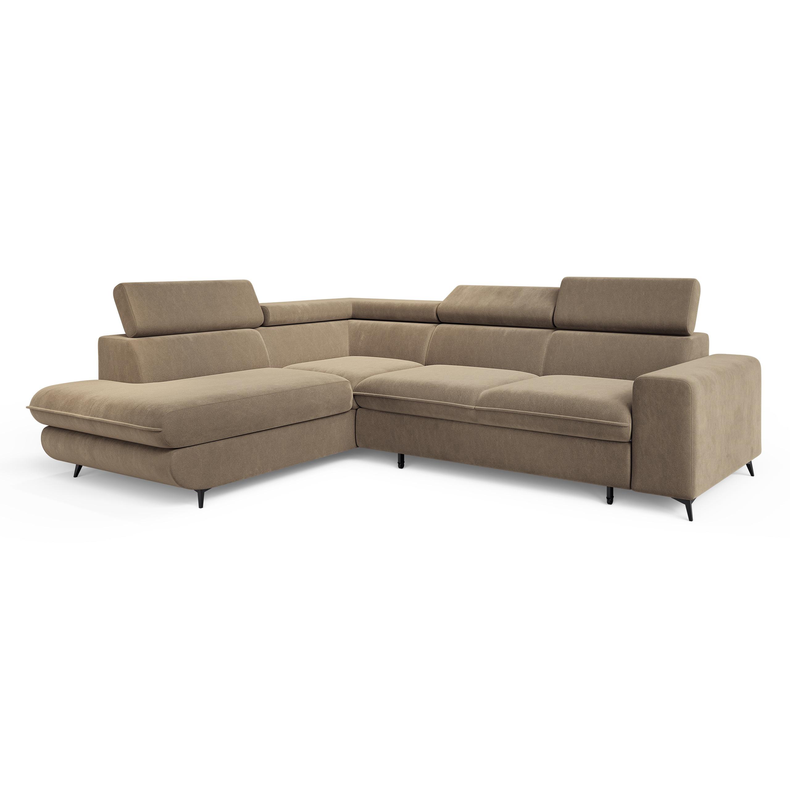 ECKSOFA VELISS Beige Veloursstoff mit Schlaffunktion - Beige, Holz (255/193cm) - MASSENO