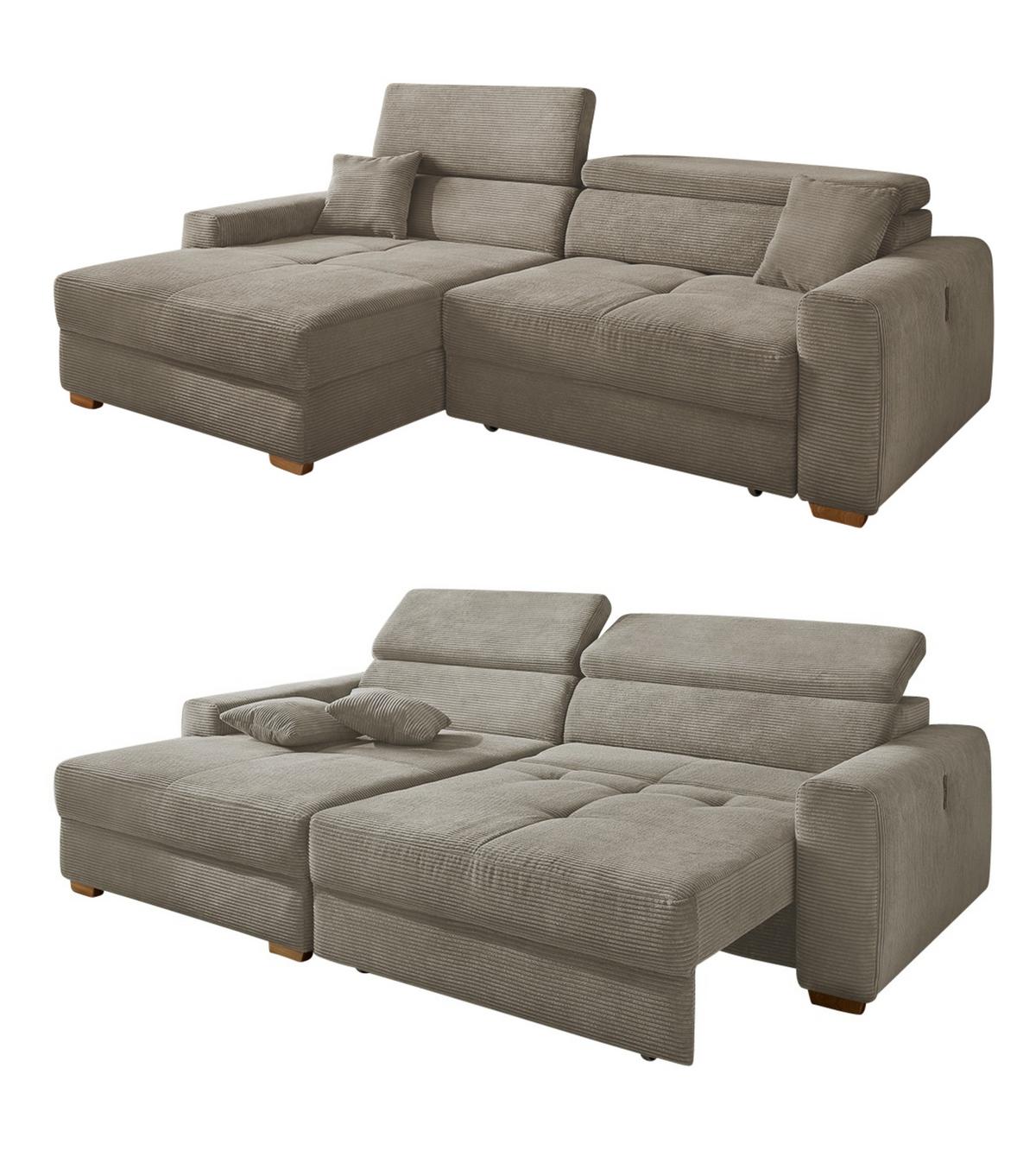 ECKSOFA mit elektrischer Sitztiefenverstellung, Kopflehnen verstellbar, USB-A und USB-C Ladefunktion B277/T187/H109 cm, Cord Braun Taupe / 15401 - Eichefarben/Braun, Eichenholz/Textil (277/187cm) - luma-home