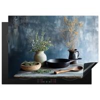 HERDABDECKPLATTE Stilleben - Kräuter - Rustikal Herdabdeckung Induktionsfeld 75x52 cm - Blaugrau, Kunststoff (75/52/0.2cm) - MuchoWow