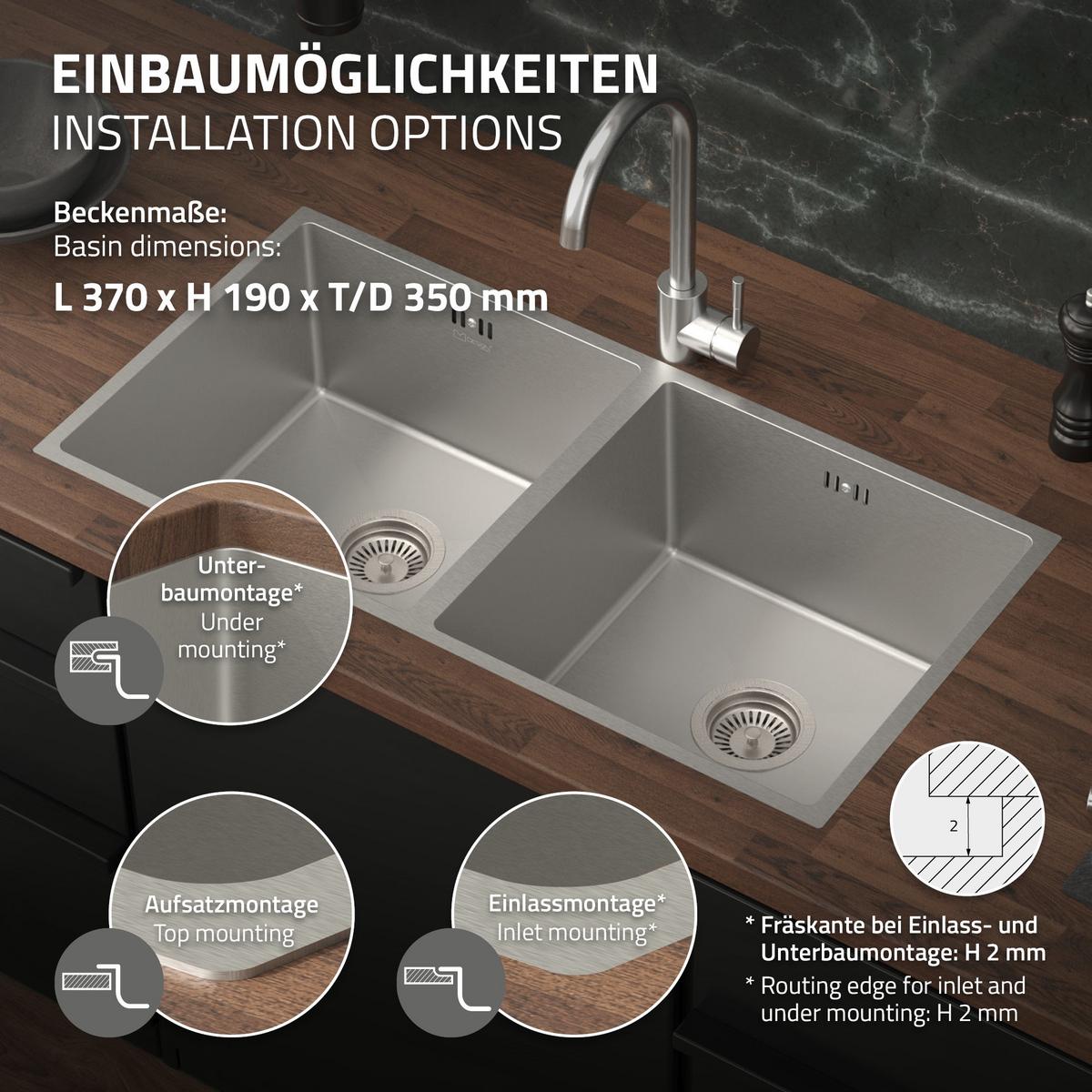DOPPEL-SPÜLBECKEN aus Edelstahl 81,5x40 cm mit Siphon - Silberfarben, Metall (81.5/20/40cm) - ML-DESIGN