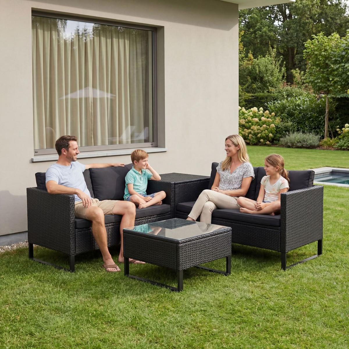 LOUNGEGARNITUR Santorini schwarz / grau - Schwarz, Kunststoff/Metall - Juskys