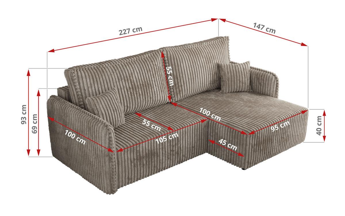 ECKSCHLAFSOFA MESTO L Hellbraun Cord - rechts - Hellbraun/Schwarz, Kunststoff/Textil (147/227cm) - MKS