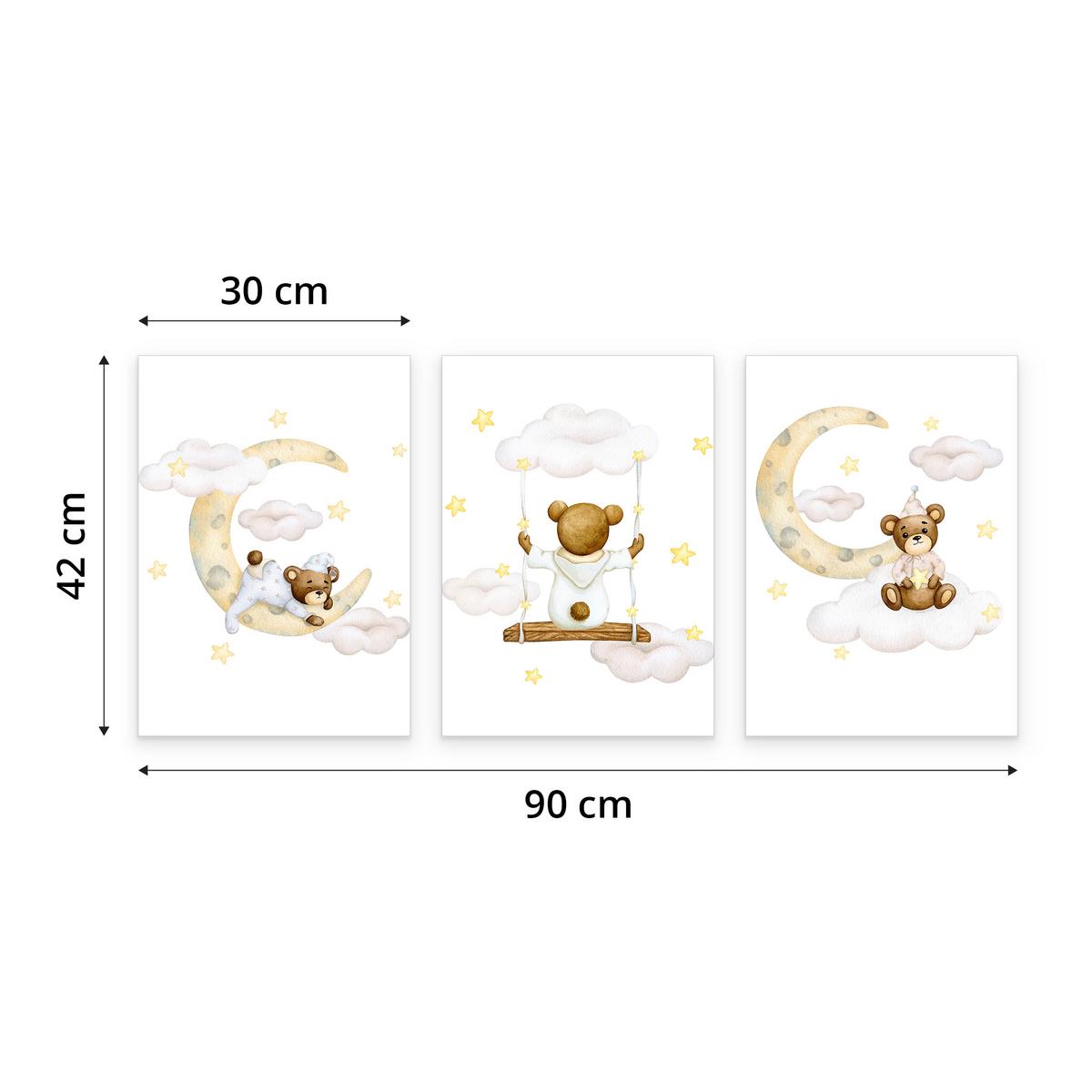 POSTER SET für Kinderzimmer Teddybären Monde Wolken Sterne 3x Poster A3 30x42cm - Gelb/Beige, Papier (30/42/1cm) - Muralo