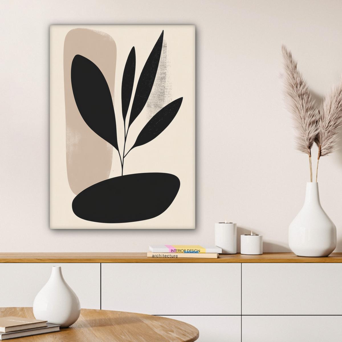 LEINWANDBILD Pflanze - Beige - Japanisch Wandbild Wohnzimmer 60x80 cm - Schwarz, Textil (60/80cm) - MuchoWow