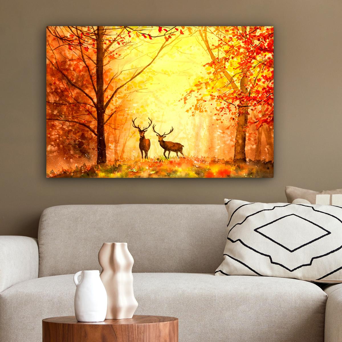 LEINWANDBILD Natur - Ölfarbe - Hirsche - Tiere - Herbst - Orange Gemälde 60x40 cm - Orange, Textil (60/40cm) - MuchoWow