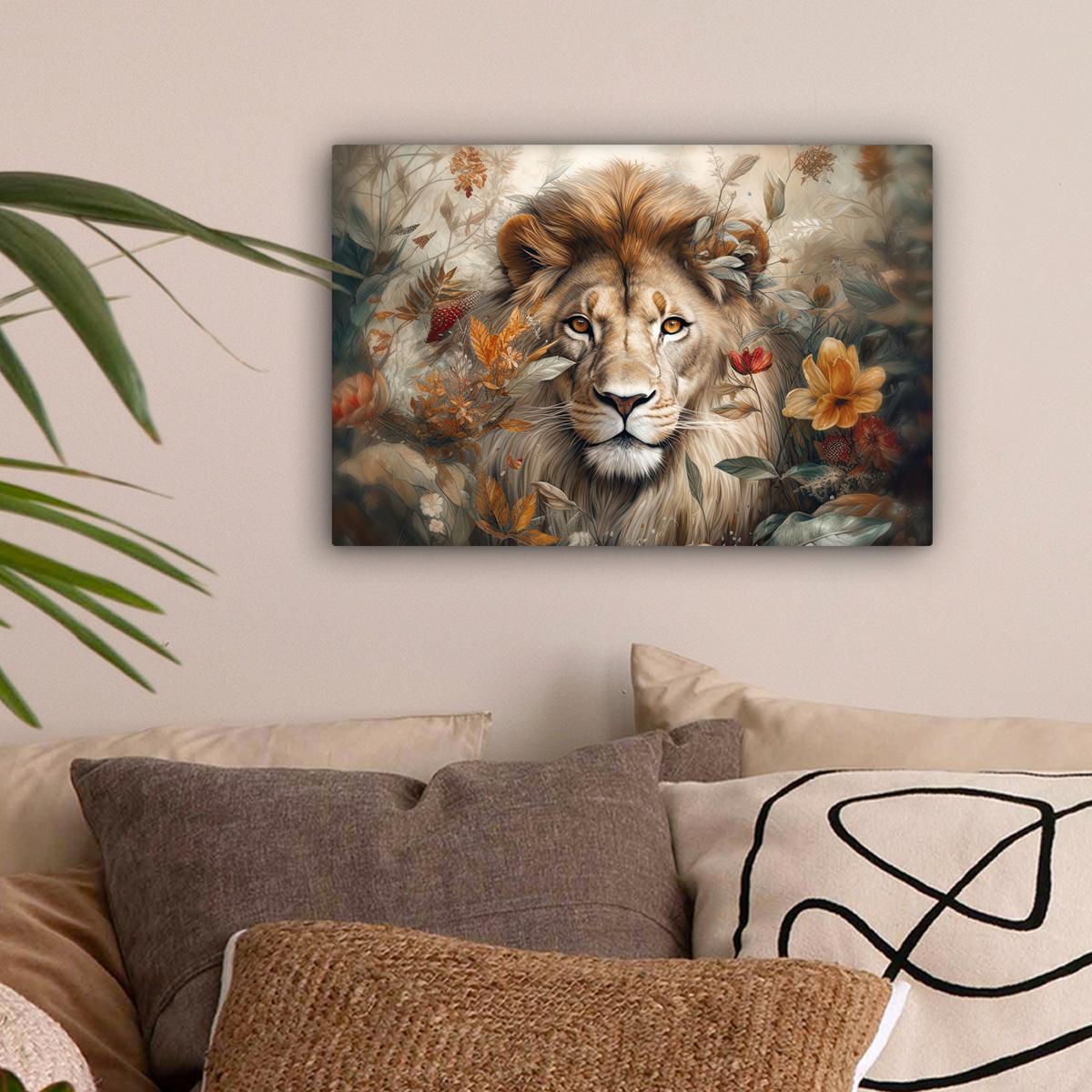 LEINWANDBILD Löwe - Wildtiere - Pflanzen - Natur - Blumen Deko Schlafzimmer 30x20 cm - Beige, Textil (30/20cm) - MuchoWow