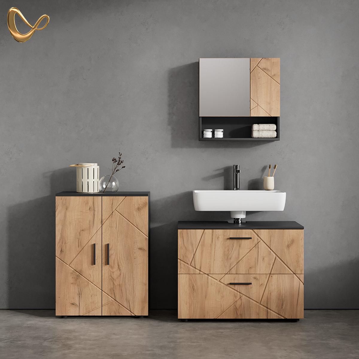 BADMÖBEL-SET Ronco Goldkraft Eiche/Anthrazit 3 Teile, mit Unterschrank 80 cm - Honigeiche/Anthrazit, Holzwerkstoff (80/58/41cm) - Livinity®