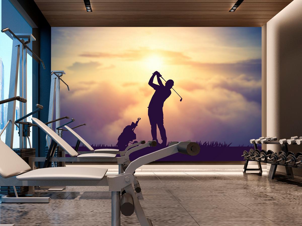 FOTOTAPETE für Jugendzimmer Golfer Sonnenuntergang Silhouette Sport 300x210 - Gelb/Violett, Papier (300/210cm) - Muralo