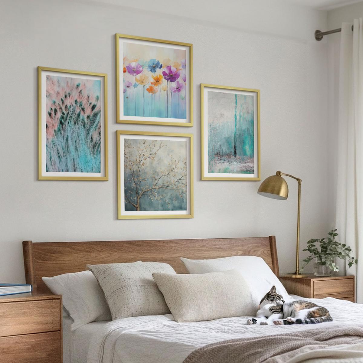 BILDER SET 4er Set - 50x50 cm & 40x60 cm Goldrahmen - Hintergrundmuster mit Pastellblumen - Goldfarben, Kunststoff (50/50cm) - TULUP