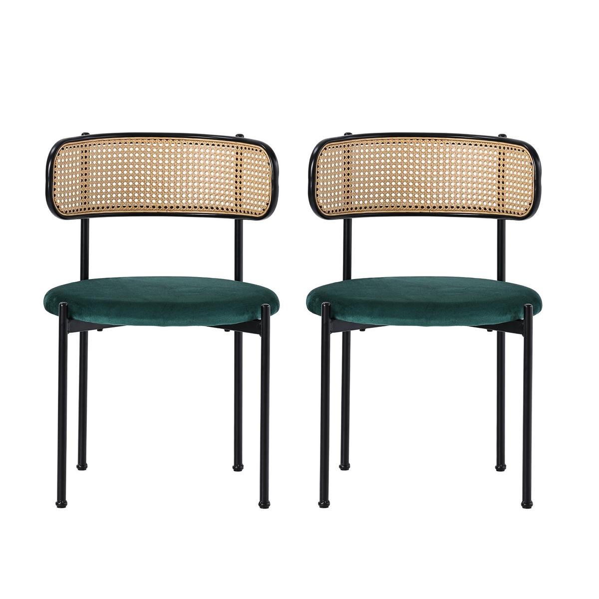 ESSZIMMERSTUHL Set 2er Grün Samt & Rattan Polsterstuhl mit Metallbeinen - Grün, Textil (51/75/51cm) - Urban Meuble
